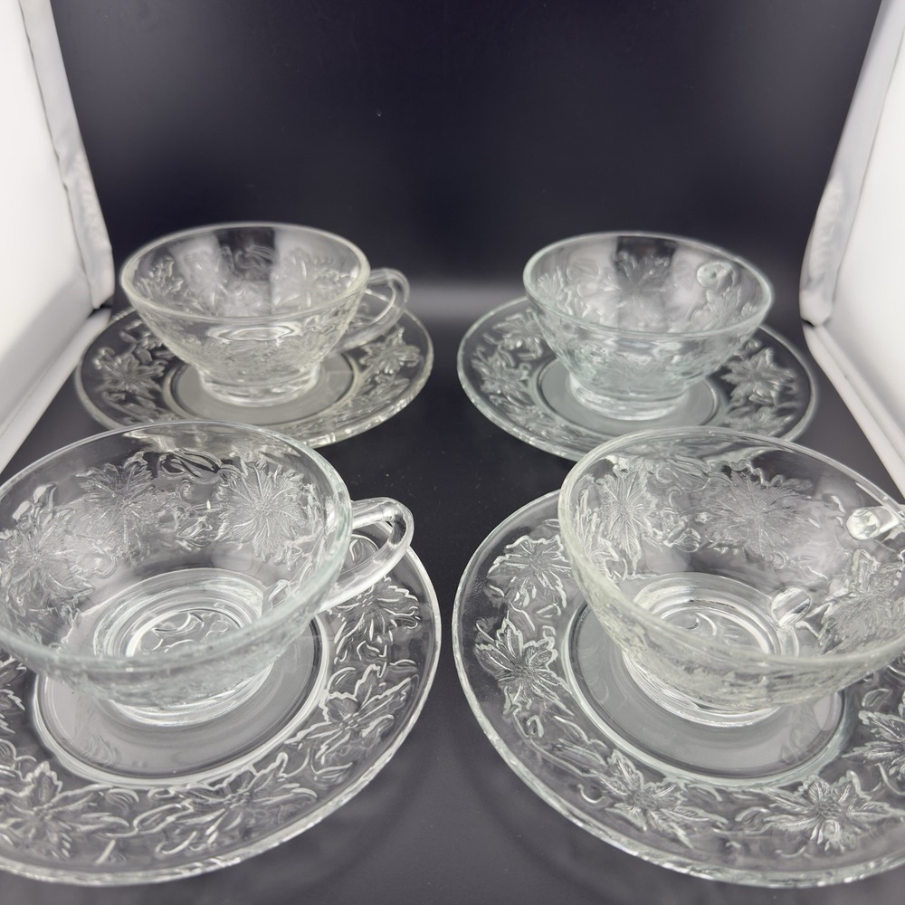 (4) Princess House Fantasia Crystal Glass Tea Cups & Saucers Floral #515 #514